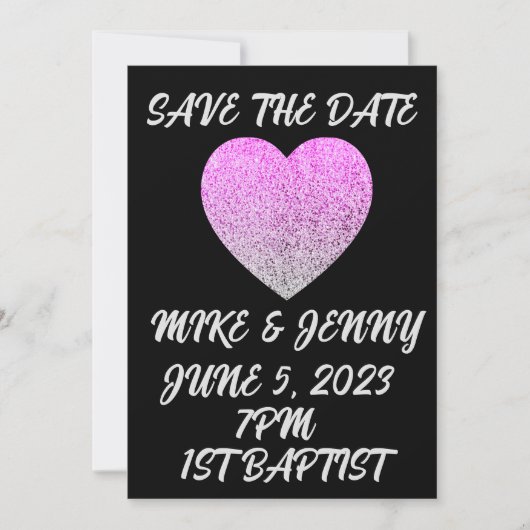 SAVE THE DATE SCHWARZ MIT GLITZER HERZPERSONALISIE EINLADUNG (Vorderseite)