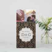 Save the Date Schwarz/Orange Damask Fillagary Card (Stehend Vorderseite)