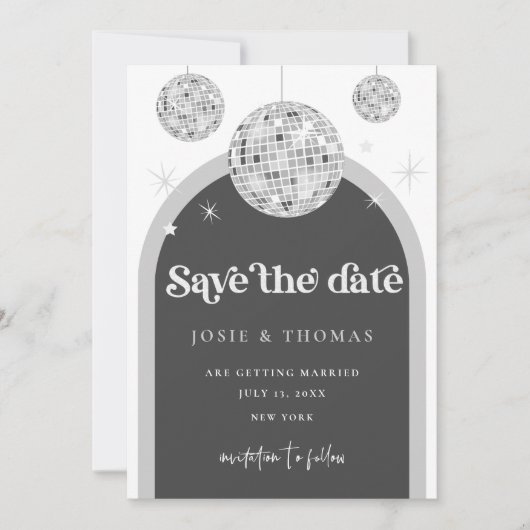 Save the Date Schwarz, Retro Disco Groove Foto Einladung (Vorderseite)