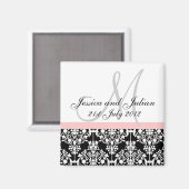 Save the Date Schwarz/Rosa Monogramm Damask Trelli Magnet (Vorderseite/Rückseite)