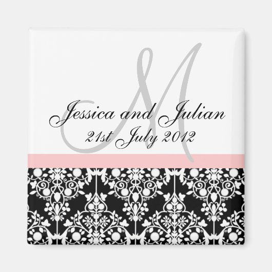 Save the Date Schwarz/Rosa Monogramm Damask Trelli Magnet (Vorne)