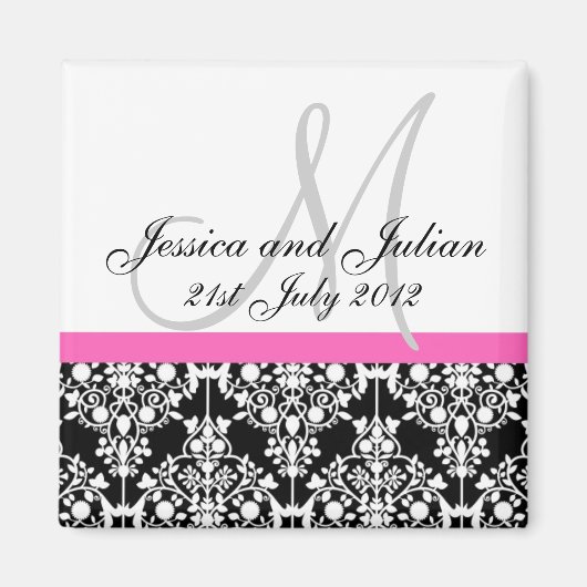 Save the Date Schwarz/Rosa Monogramm Damask Trelli Magnet (Vorne)