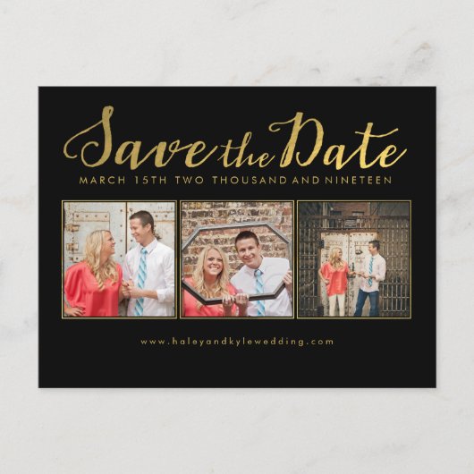 Save the Date Schwarz-Script-Fotokarten Ankündigungspostkarte (Vorderseite)
