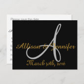 Save the Date Schwarz und Gold Ankündigungspostkarte (Vorne/Hinten)