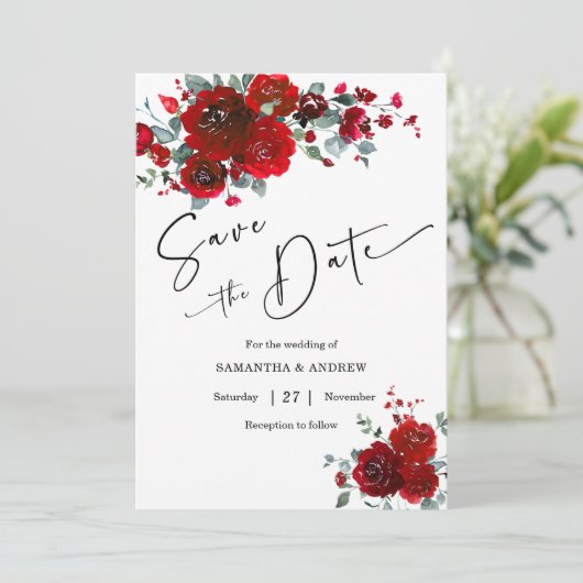 Save the Date schwarz und rot Einladung (Stehend Vorderseite)