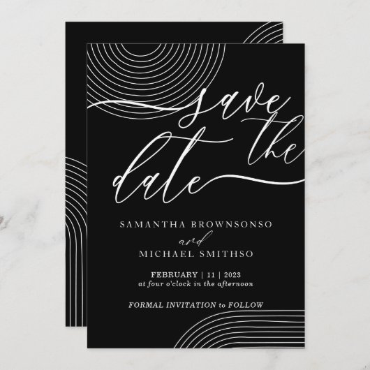 Save the Date schwarz-weiß geometrische Linie Einladung (Vorne/Hinten)