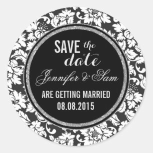 Save The Date-Schwarz Weiß & Silber Akzente Runder Aufkleber