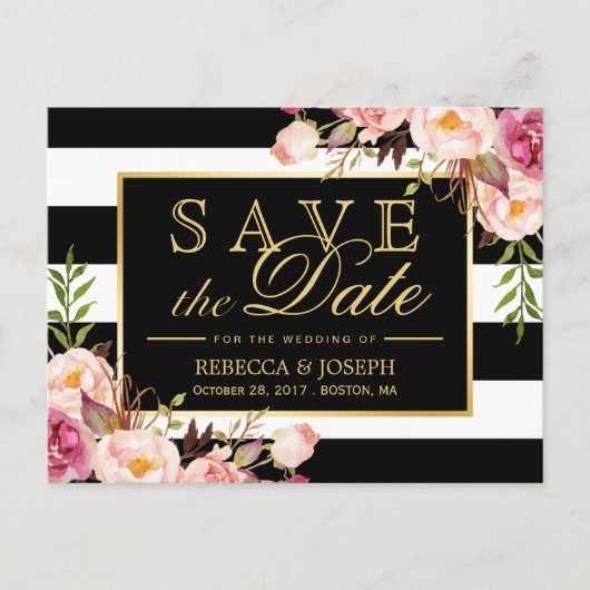 Save the Date - Schwarz-Weiß-Streifen aus Gold Ankündigungspostkarte (Vorderseite)