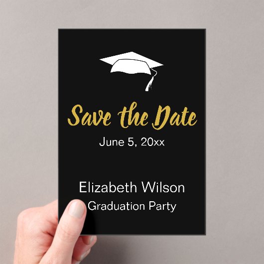 Save the Date Schwarz-weiße Gold Graduation Party Acryleinladungen (Insitu (Handheld))