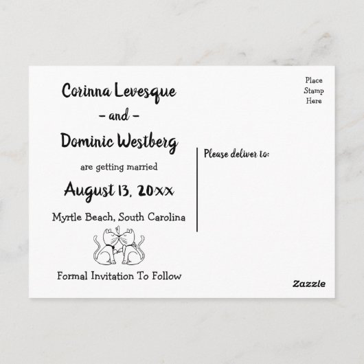 Save the Date Schwarz-weiße Hochzeitskatzen Verlob Postkarte (Rückseite)