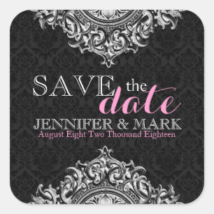 Save the Date schwarze Damaskus und weiße Blumensp Quadratischer Aufkleber