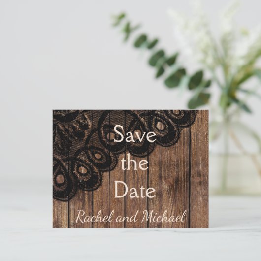 Save the Date Schwarze Imitate Spitzen und Holz Ankündigungspostkarte (Stehend Vorderseite)