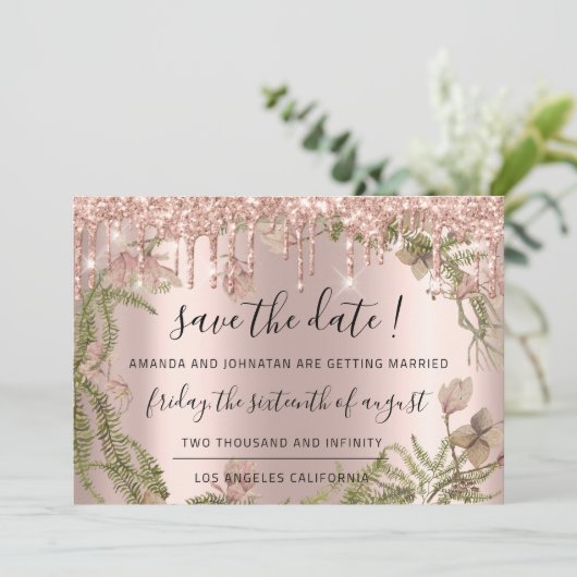 Save the Date Schwarze Rose Blumenwaldland Tropfen (Stehend Vorderseite)