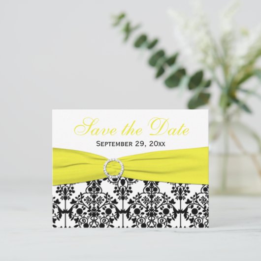 Save the Date schwarze, weiße, gelbe Damaske Ankündigungspostkarte (Stehend Vorderseite)