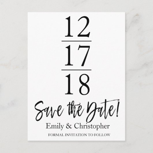 Save the Date Schwarzweiß-Weiß-Schrift Ankündigungspostkarte (Vorderseite)