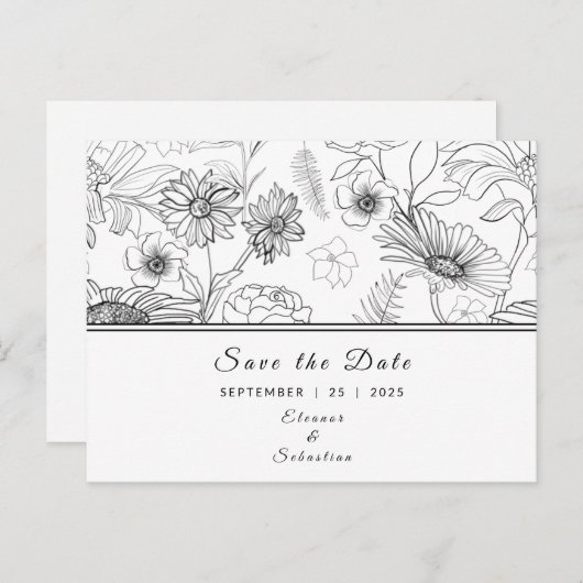 "Save the Date" Schwarzweißmuster der Blume Postkarte (Vorne/Hinten)