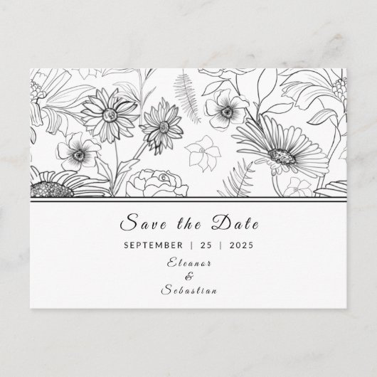 "Save the Date" Schwarzweißmuster der Blume Postkarte (Vorderseite)