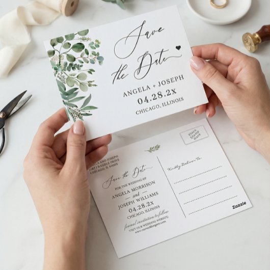 Save the Date Script Simple Eucalyptus Postkarte