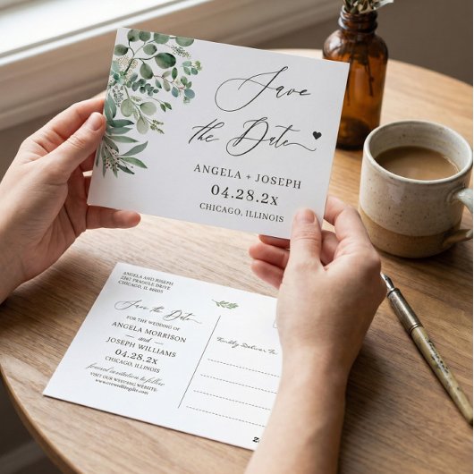 Save the Date Script Simple Eucalyptus Postkarte