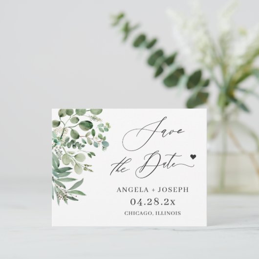Save the Date Script Simple Eucalyptus Postkarte (Stehend Vorderseite)