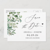 Save the Date Script Simple Eucalyptus Postkarte (Vorne/Hinten)