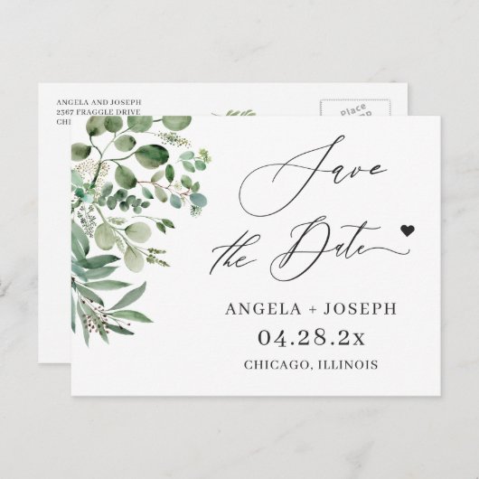 Save the Date Script Simple Eucalyptus Postkarte (Vorne/Hinten)
