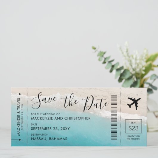 Save the Date Script Tropical Beach Boarding Pass (Stehend Vorderseite)