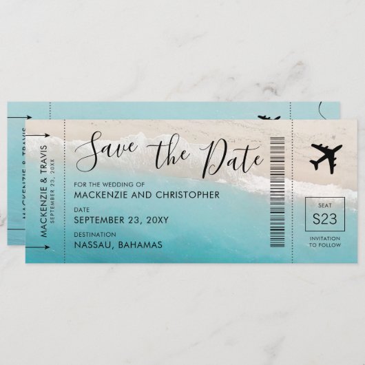 Save the Date Script Tropical Beach Boarding Pass (Vorne/Hinten)