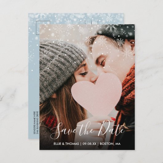 Save the Date Script Winter Snowflakes Foto Postkarte (Vorne/Hinten)