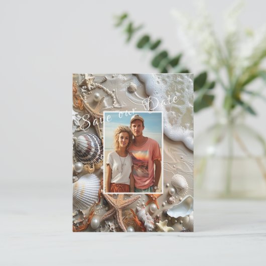 Save the Date Seashells Pearls Starfish Beach Postkarte (Stehend Vorderseite)