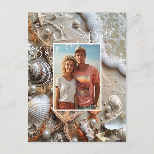 Save the Date Seashells Pearls Starfish Beach Postkarte (Vorderseite)