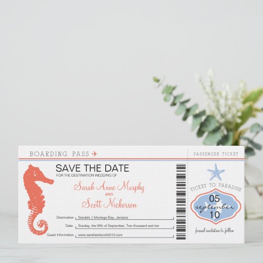 Save the Date Seepferd- und Starfish Boarding Pass (Stehend Vorderseite)
