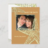 Save the Date Seestern + Sand Ankündigungspostkarte (Vorne/Hinten)