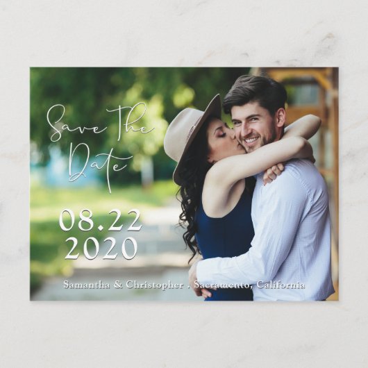 Save the Date Shadows White Script | 2 FOTOS Ankündigungspostkarte (Vorderseite)