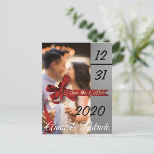 Save the Date Silber und Schwarz Postkarte (Stehend Vorderseite)