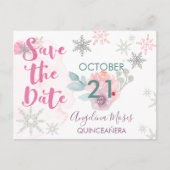 Save the Date Silberrosa Schneeflocken und Blume Ankündigungspostkarte (Vorderseite)