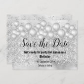 Save the Date Silver Balloons Glitzer Ankündigungspostkarte (Vorne/Hinten)