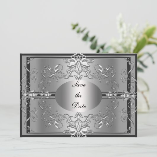 Save the Date Silver Elegante Einladung (Stehend Vorderseite)