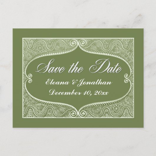 Save the Date Silver filigrane Jade, sage Ankündigungspostkarte (Vorderseite)