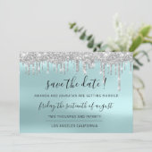 Save the Date Silver Gray Blue Spark Tropfens Aqua (Stehend Vorderseite)