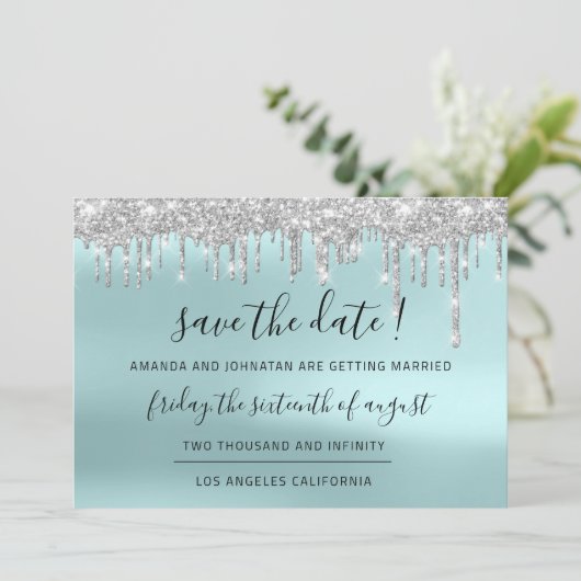 Save the Date Silver Gray Blue Spark Tropfens Aqua (Stehend Vorderseite)