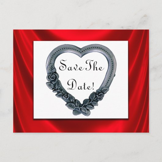 Save the Date Silver Heart & Red Satin Postkarten (Vorderseite)