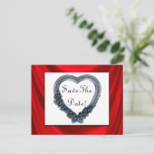 Save the Date Silver Heart & Red Satin Postkarten (Stehend Vorderseite)
