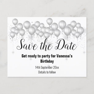 SAVE THE DATE SILVER WHITE BLACK Balloons Ankündigungspostkarte
