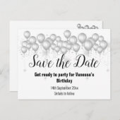 SAVE THE DATE SILVER WHITE BLACK Balloons Ankündigungspostkarte (Vorne/Hinten)