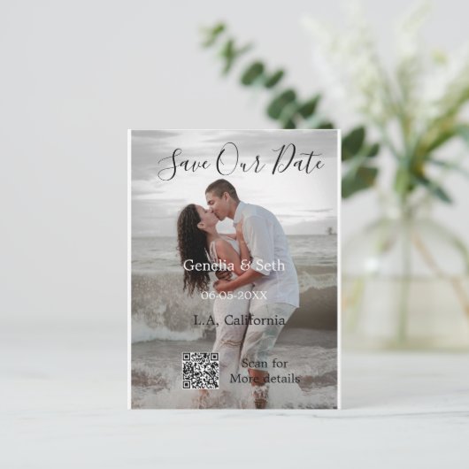 Save the date simple minimal QR scan code details  Postkarte (Stehend Vorderseite)