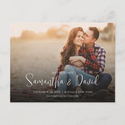 Save the Date Skript Foto QR Code Elegant Einfach Ankündigungspostkarte (Vorderseite)