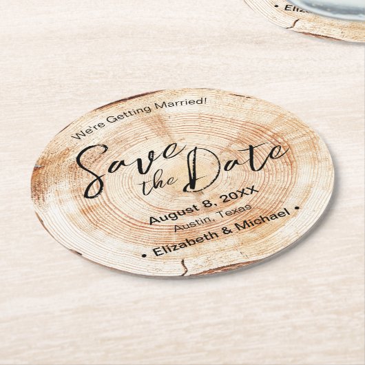 Save the Date Skript-Imitate Holz Grain Wedding Runder Pappuntersetzer (Angewinkelt)