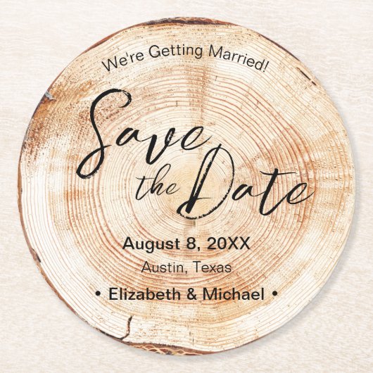 Save the Date Skript-Imitate Holz Grain Wedding Runder Pappuntersetzer (Vorderseite)