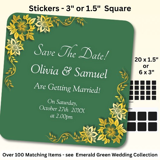 Save The Date - Smaragdgrün & Gold Quadratischer Aufkleber